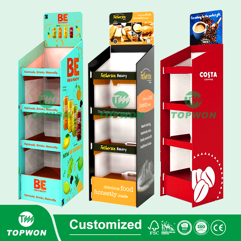 Rak Display Produk Lantai 4 Tingkat dari Kertas Kraft untuk Supermarket, Rak Display Karton Bergelombang, Rak Display Karton Bergelombang