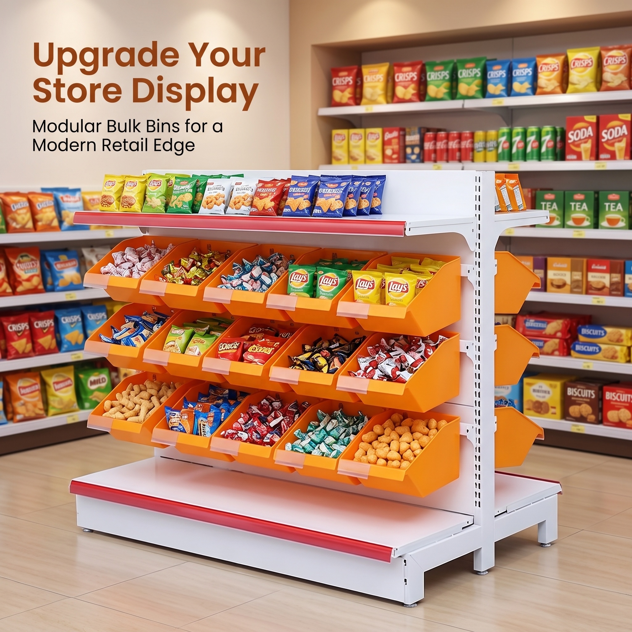Rak Display Wadah Snack Modular untuk Persediaan Dalam Jumlah Besar, Wadah Plastik yang Dapat Dilepas dan Dimiringkan, Satu Sisi Dapat Diatur untuk Permen dan Barang Kering di Toko Serba Guna