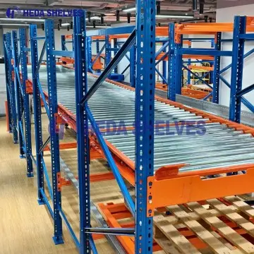 Rak gravity flow palet dengan roller gravitasi