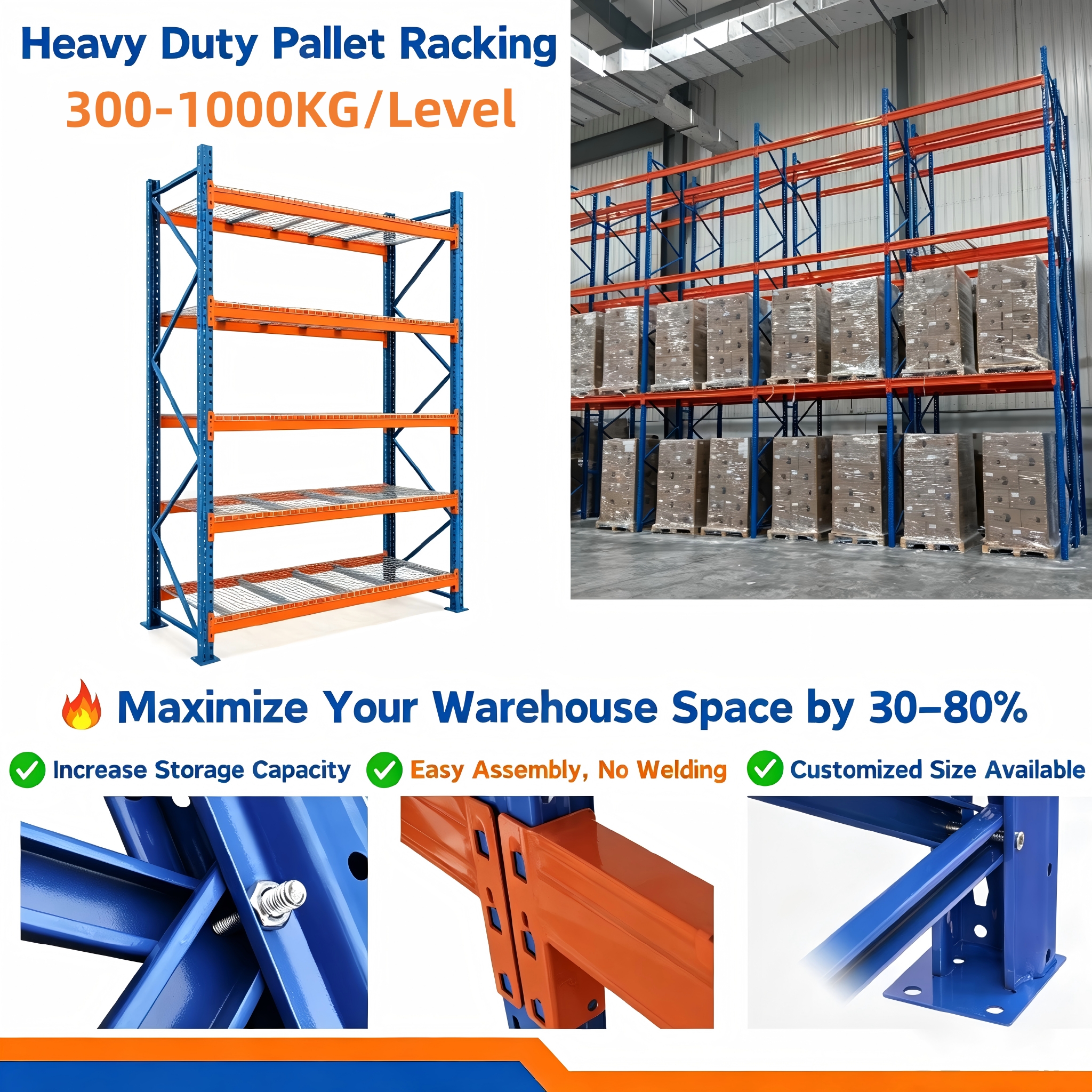 Rak Pallet Baja 4 Lapis/Beban 500kg Tugas Berat Langsung dari Pabrik, Rak Penyimpanan Gudang Industri, Rak Penyimpanan Bentang Panjang, Rak Penyimpanan Logam Baut