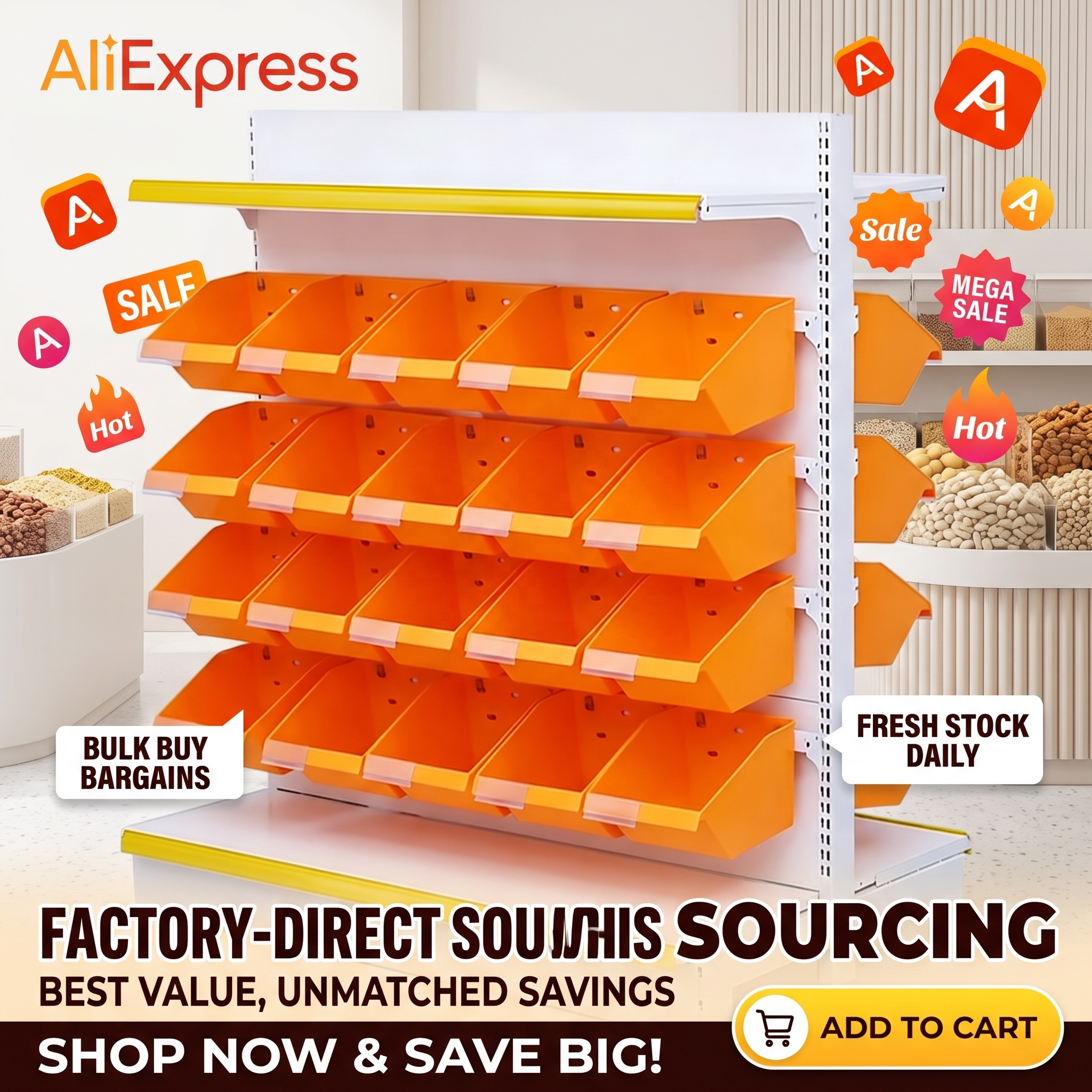 Rak Display Wadah Snack Modular untuk Persediaan Dalam Jumlah Besar, Wadah Plastik yang Dapat Dilepas dan Dimiringkan, Satu Sisi Dapat Diatur untuk Permen dan Barang Kering di Toko Serba Guna