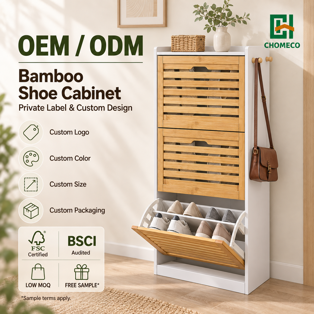 Lemari Sepatu Bambu Ramping, Rak Penyimpanan Sepatu dengan Pintu Lipat, Organizer Lorong dengan Pengait Samping untuk Lorong Sempit