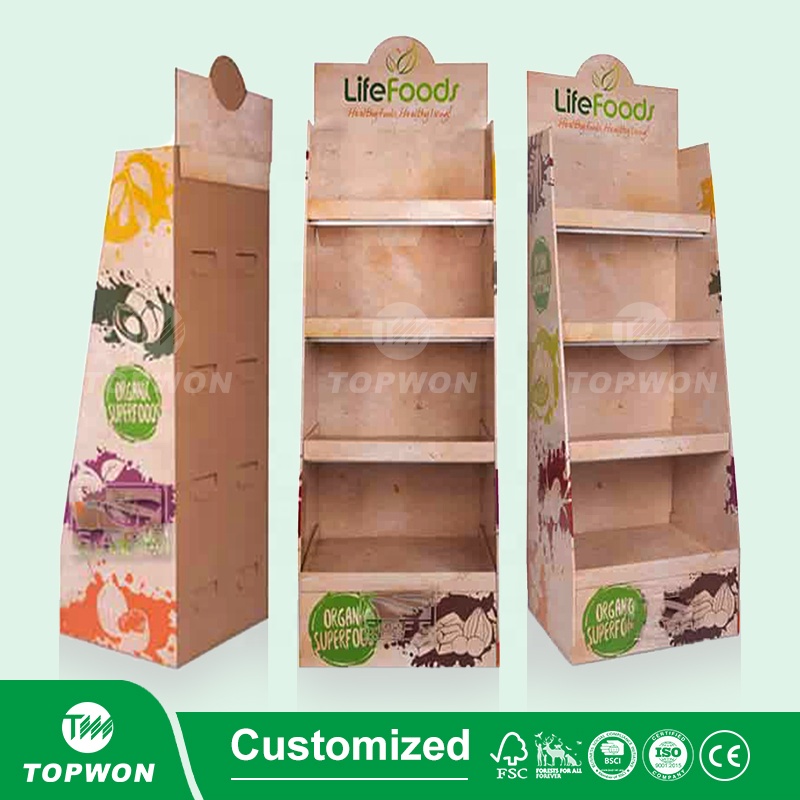 Rak Display Produk Lantai 4 Tingkat dari Kertas Kraft untuk Supermarket, Rak Display Karton Bergelombang, Rak Display Karton Bergelombang