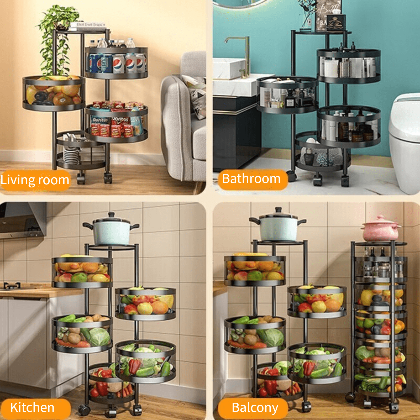 Rak Dapur Besi Cor Multilayer dengan Roda, Rak Penyimpanan Bumbu, Rak Sayuran, Pemasangan Mudah, Tempat Penyimpanan