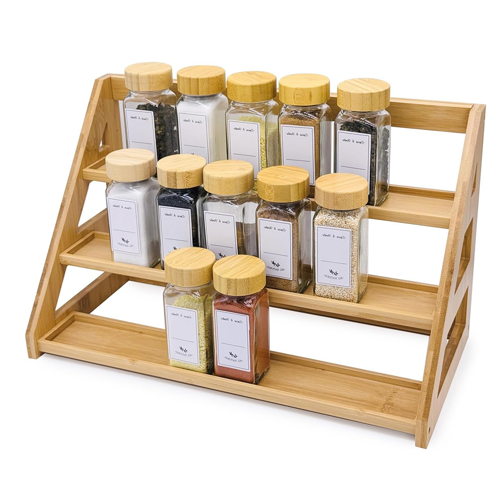 Bamboo Double Tier Spice Turntable Lazy Susan Organizer Revolving Storage Rack for Kitchen Countertop Table Pantry Organization