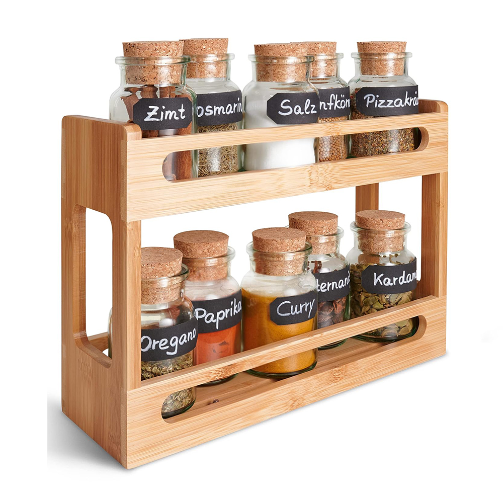 Bamboo Double Tier Spice Turntable Lazy Susan Organizer Revolving Storage Rack for Kitchen Countertop Table Pantry Organization