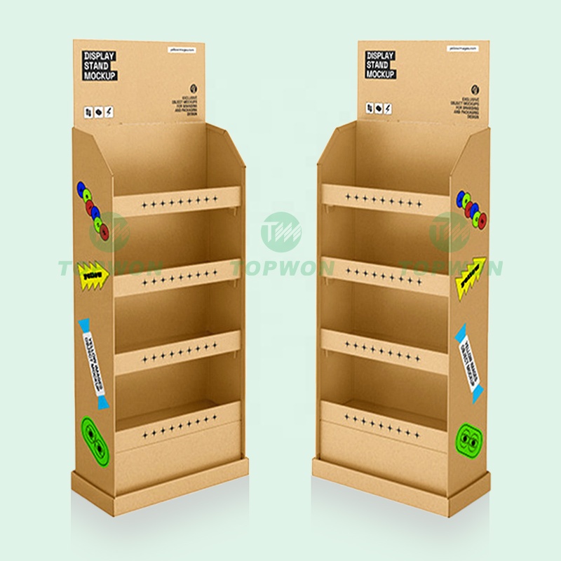 Rak Display Produk Lantai 4 Tingkat dari Kertas Kraft untuk Supermarket, Rak Display Karton Bergelombang, Rak Display Karton Bergelombang