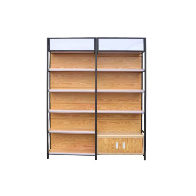 Rak Display Toko Kelontong Rangka Baja Buatan Khusus dengan Panel Belakang Datar Kayu, Rak Display Supermarket