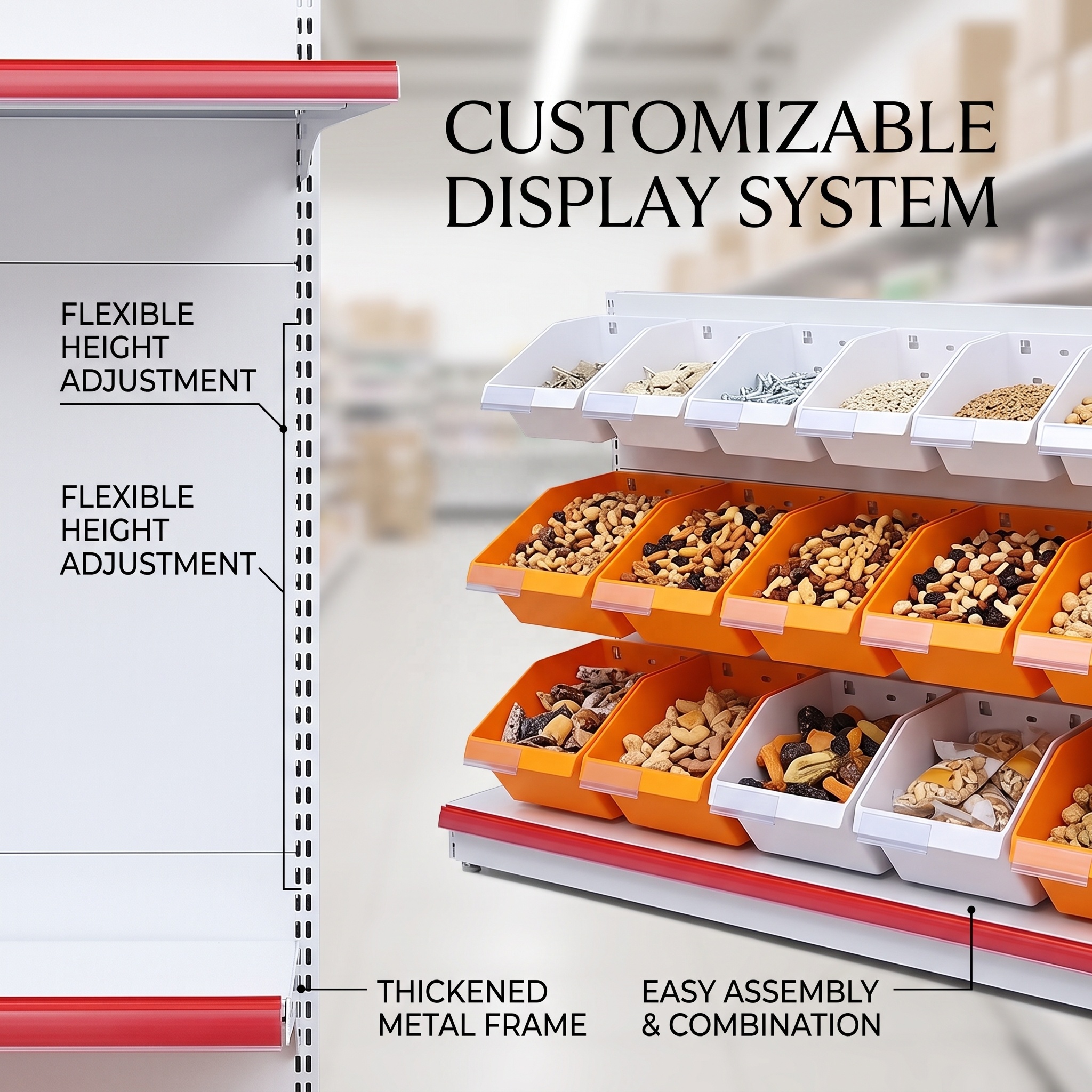 Rak Display Wadah Snack Modular untuk Persediaan Dalam Jumlah Besar, Wadah Plastik yang Dapat Dilepas dan Dimiringkan, Satu Sisi Dapat Diatur untuk Permen dan Barang Kering di Toko Serba Guna