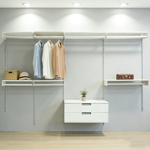 Rak Modular Dinding Putih dengan Finishing Lacquer, Rangka Baja dan Rel Aluminium untuk Ruang Tamu, Kamar Tidur, Penyimpanan Makanan, 5 Tingkat