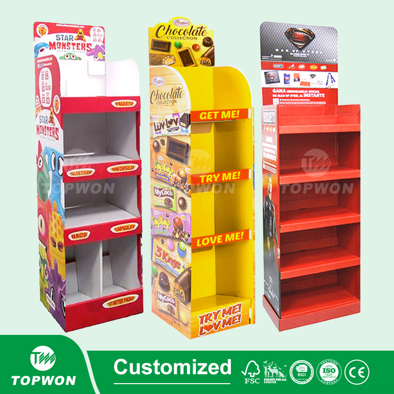 Rak Display Produk Lantai 4 Tingkat dari Kertas Kraft untuk Supermarket, Rak Display Karton Bergelombang, Rak Display Karton Bergelombang