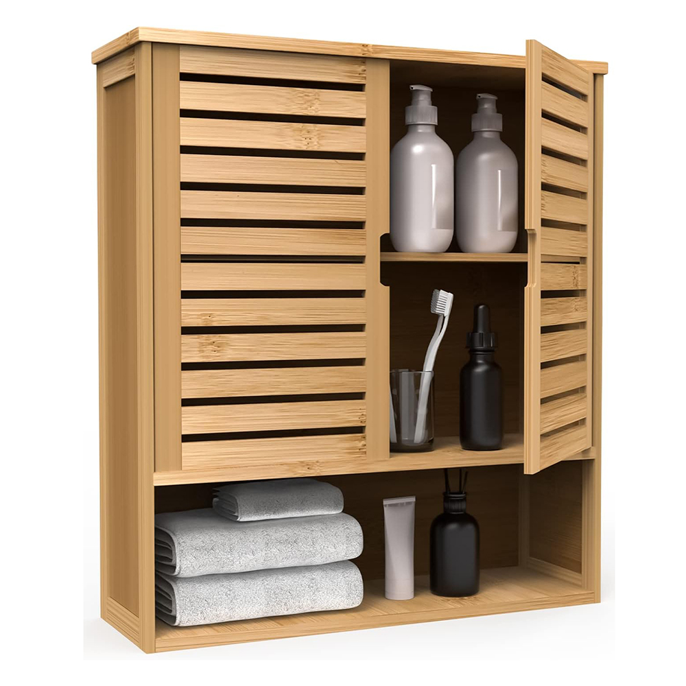Bamboo Wood Kitchen & Bathroom Storage Cabinet Hanging Wall Medicine Cabinet with Adjustable Shelf