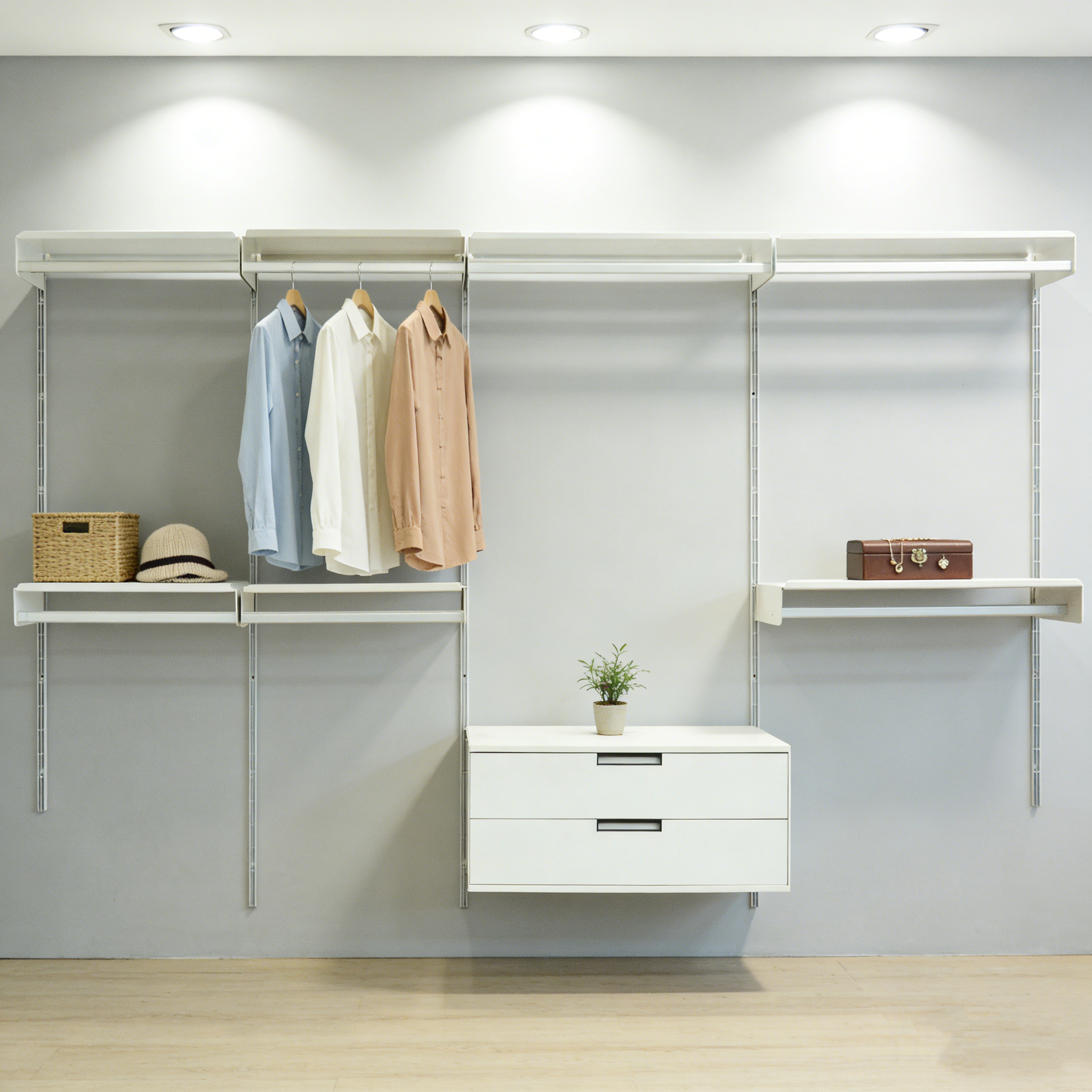 Rak Modular Dinding Putih dengan Finishing Lacquer, Rangka Baja dan Rel Aluminium untuk Ruang Tamu, Kamar Tidur, Penyimpanan Makanan, 5 Tingkat