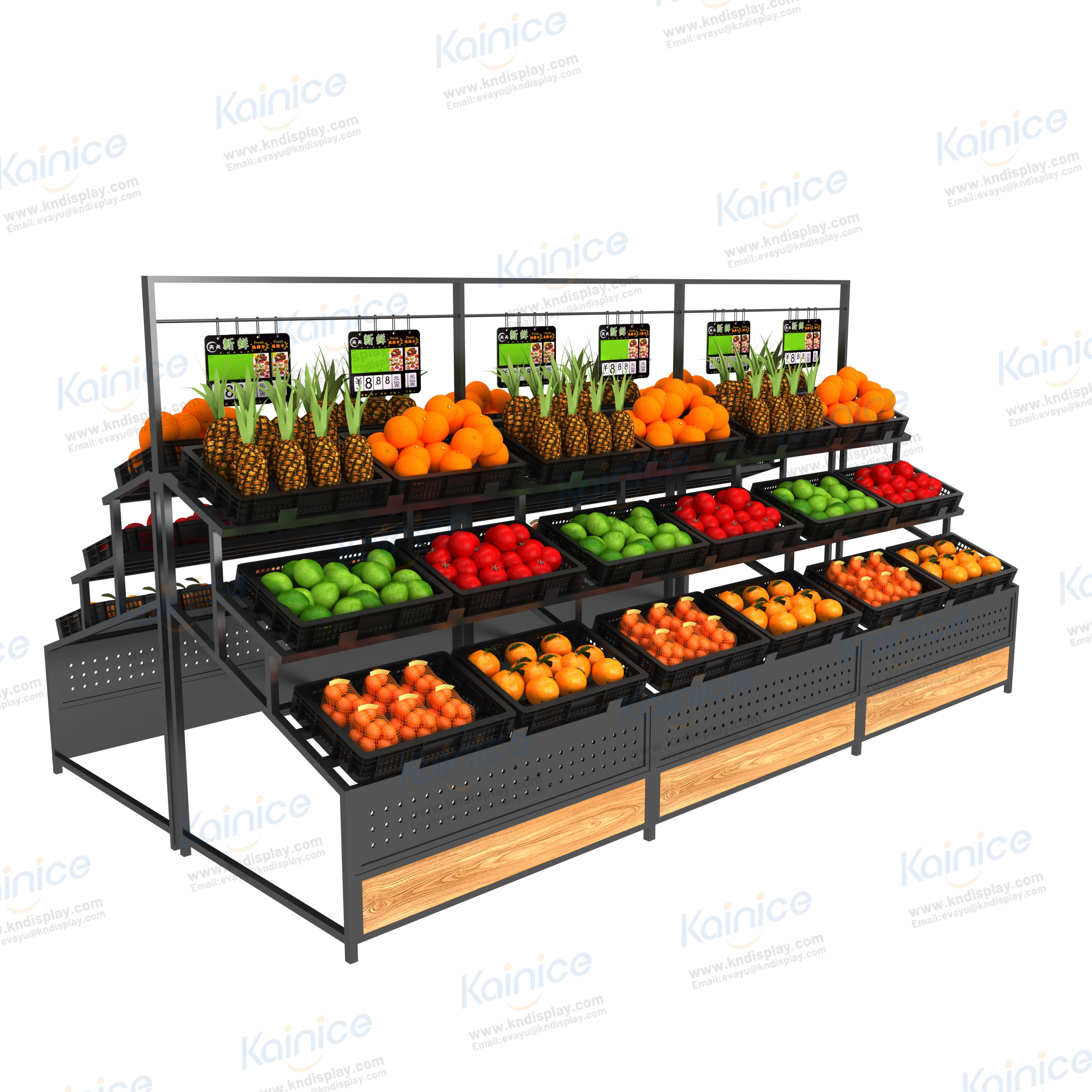 Kainice Rak Display Dinding Keranjang Sayuran Kentang Buah Kapasitas Besar Dua Sisi Logam Tugas Berat untuk Supermarket dan Kayu