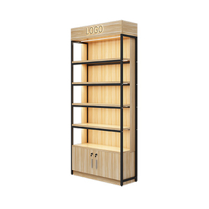 Rak Display Toko Kelontong Rangka Baja Buatan Khusus dengan Panel Belakang Datar Kayu, Rak Display Supermarket