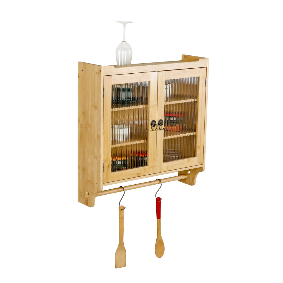 Bamboo Wood Kitchen & Bathroom Storage Cabinet Hanging Wall Medicine Cabinet with Adjustable Shelf