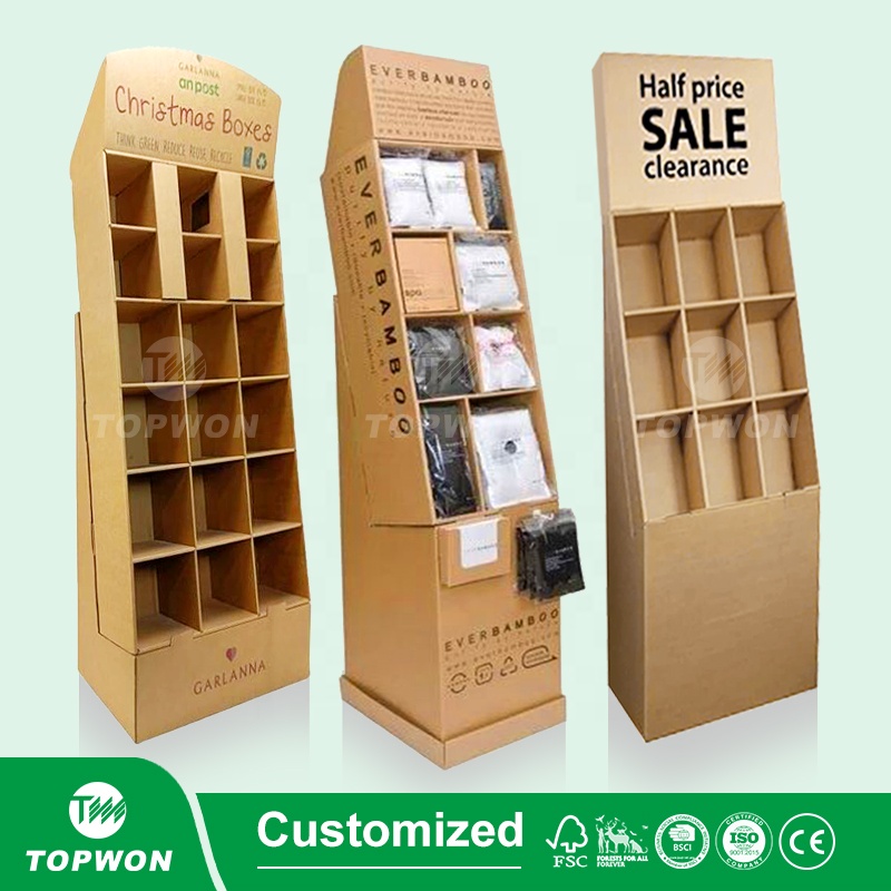Rak Display Produk Lantai 4 Tingkat dari Kertas Kraft untuk Supermarket, Rak Display Karton Bergelombang, Rak Display Karton Bergelombang