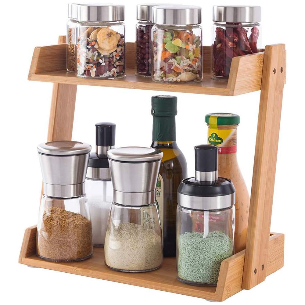 Bamboo Double Tier Spice Turntable Lazy Susan Organizer Revolving Storage Rack for Kitchen Countertop Table Pantry Organization